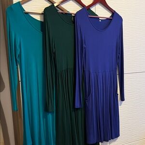 Elegant Long Sleeve Dresses - Teal, Green, and Blue
